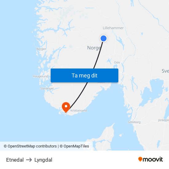 Etnedal to Lyngdal map