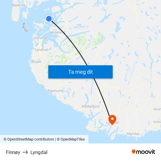 Finnøy to Lyngdal map
