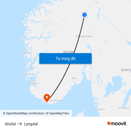 Alvdal to Lyngdal map