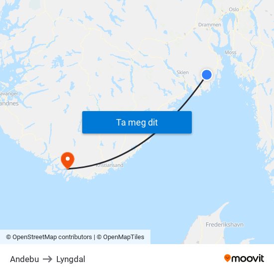 Andebu to Lyngdal map