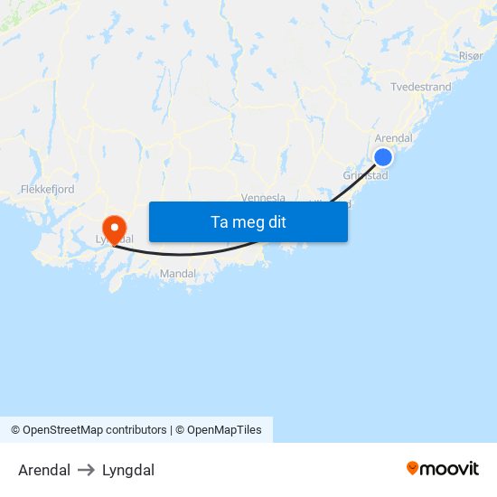 Arendal to Lyngdal map