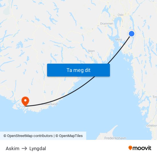 Askim to Lyngdal map