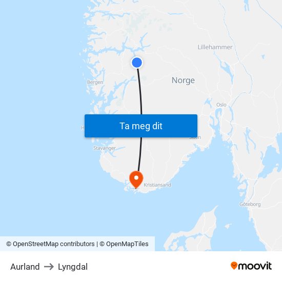 Aurland to Lyngdal map