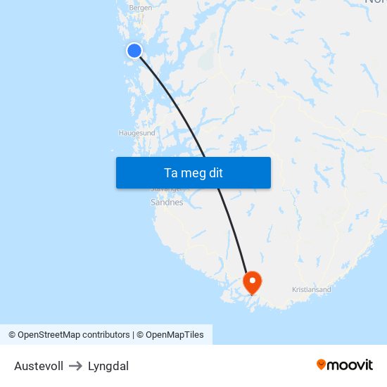 Austevoll to Lyngdal map