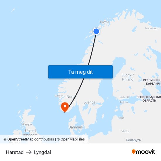 Harstad to Lyngdal map