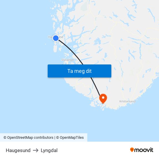 Haugesund to Lyngdal map