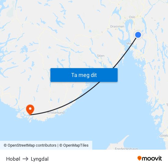 Hobøl to Lyngdal map