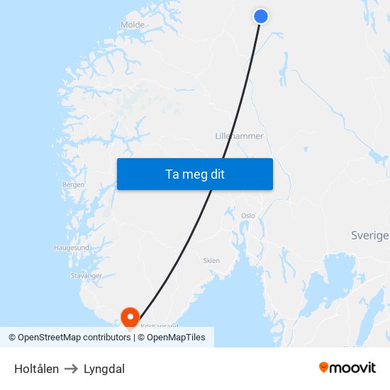 Holtålen to Lyngdal map