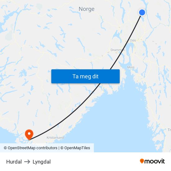 Hurdal to Lyngdal map