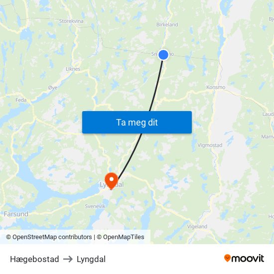 Hægebostad to Lyngdal map