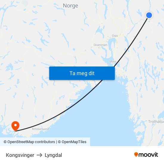 Kongsvinger to Lyngdal map