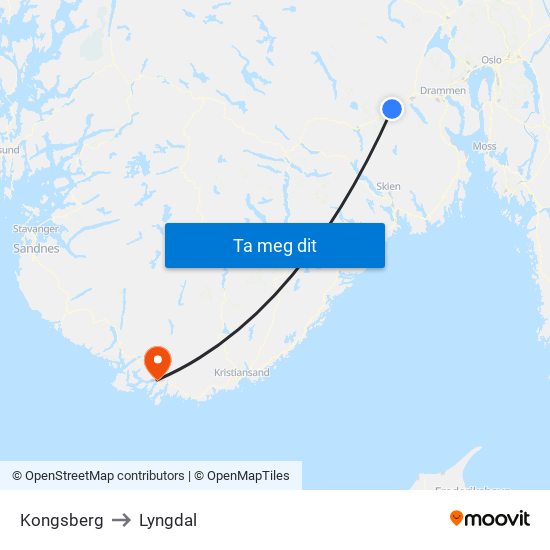 Kongsberg to Lyngdal map