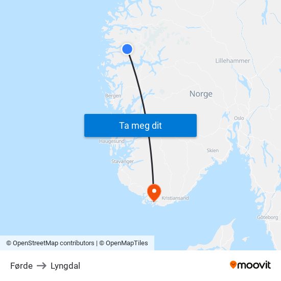 Førde to Lyngdal map