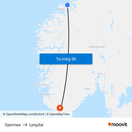 Gjemnes to Lyngdal map