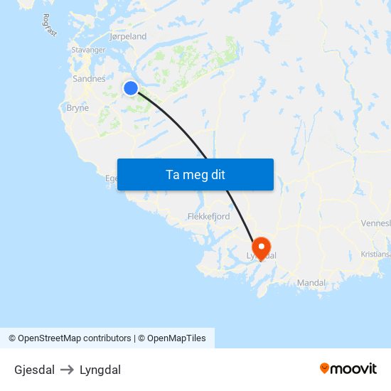 Gjesdal to Lyngdal map