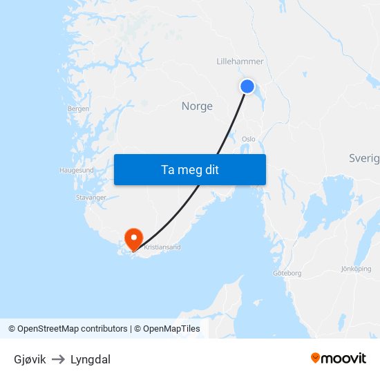 Gjøvik to Lyngdal map