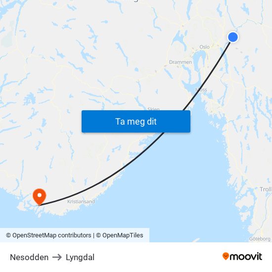 Nesodden to Lyngdal map