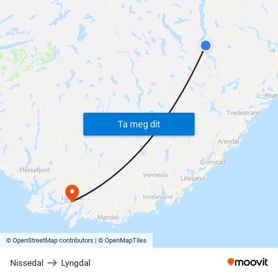 Nissedal to Lyngdal map