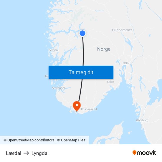 Lærdal to Lyngdal map