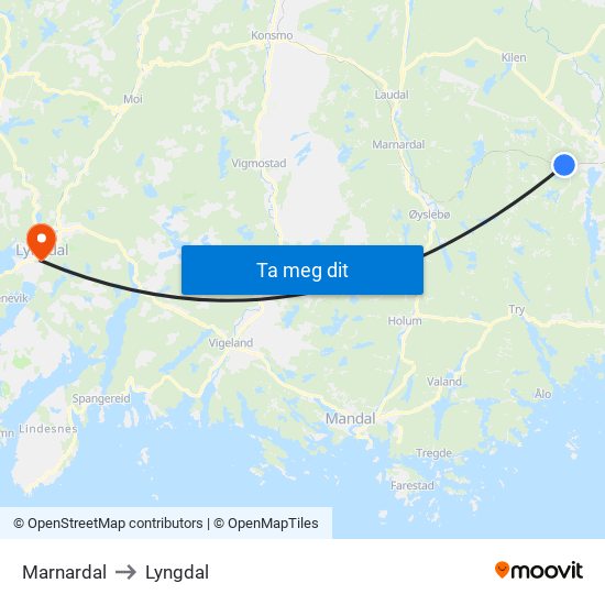 Marnardal to Lyngdal map