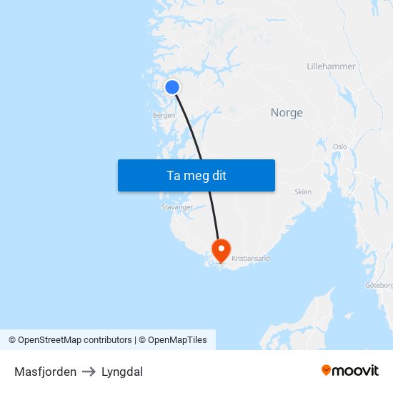 Masfjorden to Lyngdal map