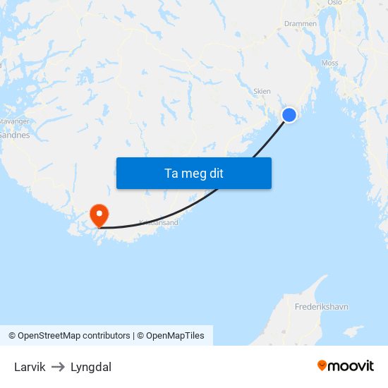 Larvik to Lyngdal map