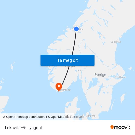 Leksvik to Lyngdal map
