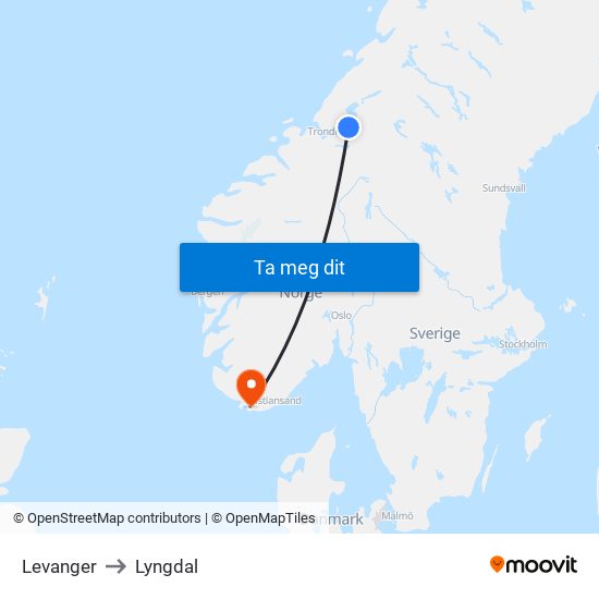 Levanger to Lyngdal map