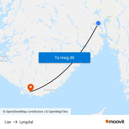 Lier to Lyngdal map