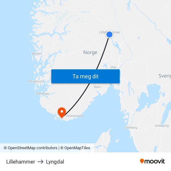 Lillehammer to Lyngdal map