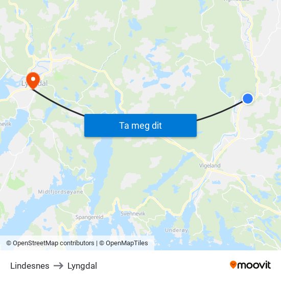 Lindesnes to Lyngdal map