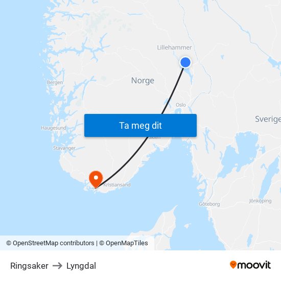 Ringsaker to Lyngdal map