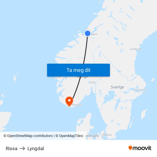 Rissa to Lyngdal map