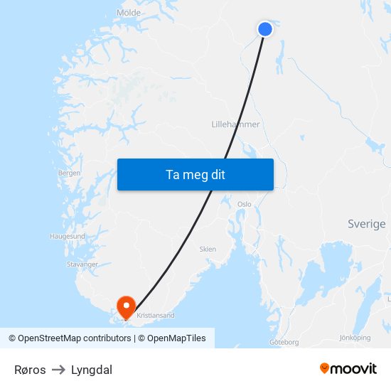 Røros to Lyngdal map