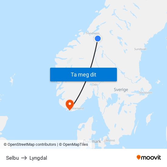 Selbu to Lyngdal map