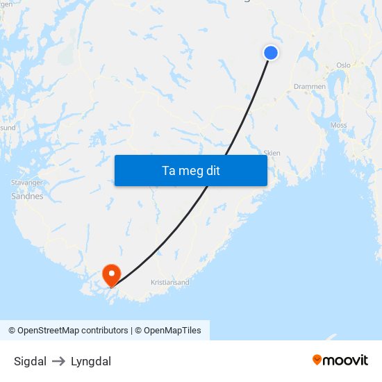 Sigdal to Lyngdal map