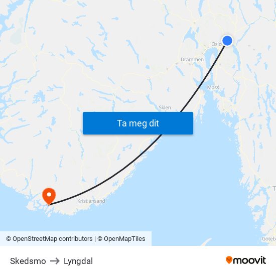 Skedsmo to Lyngdal map