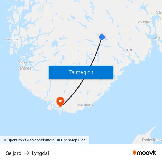 Seljord to Lyngdal map