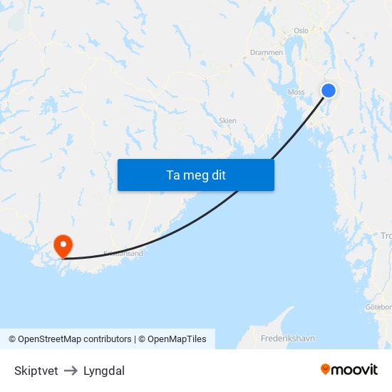 Skiptvet to Lyngdal map