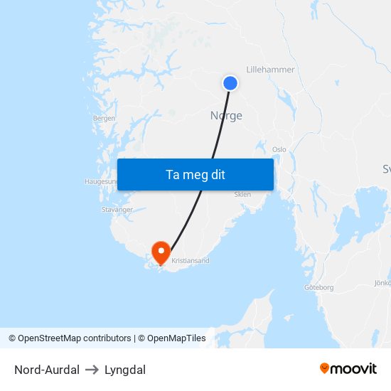Nord-Aurdal to Lyngdal map