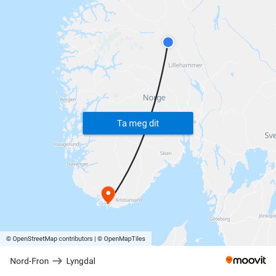 Nord-Fron to Lyngdal map