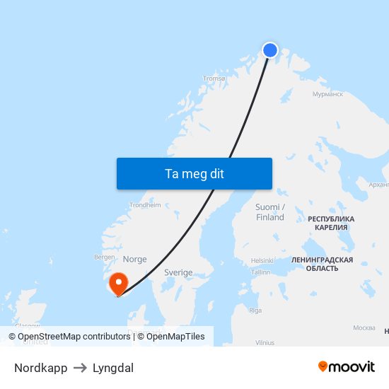 Nordkapp to Lyngdal map