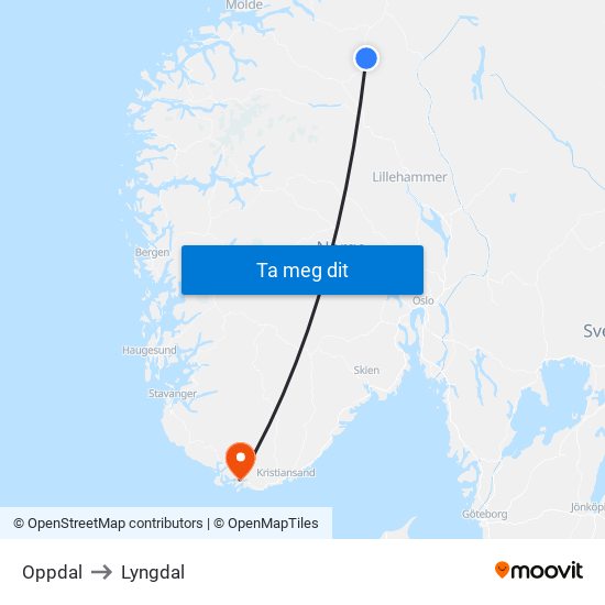 Oppdal to Lyngdal map