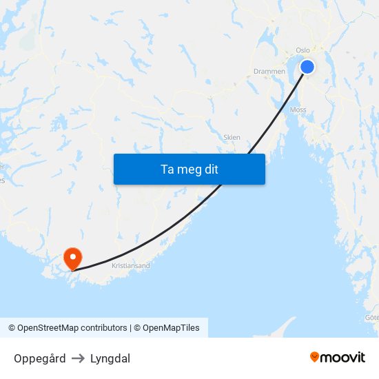 Oppegård to Lyngdal map