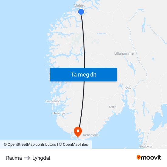 Rauma to Lyngdal map