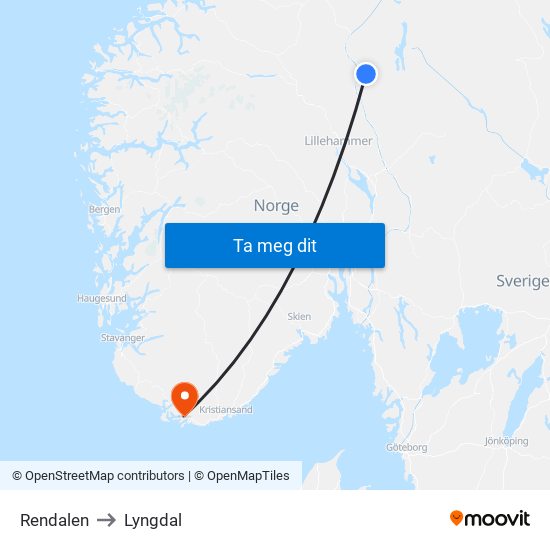 Rendalen to Lyngdal map