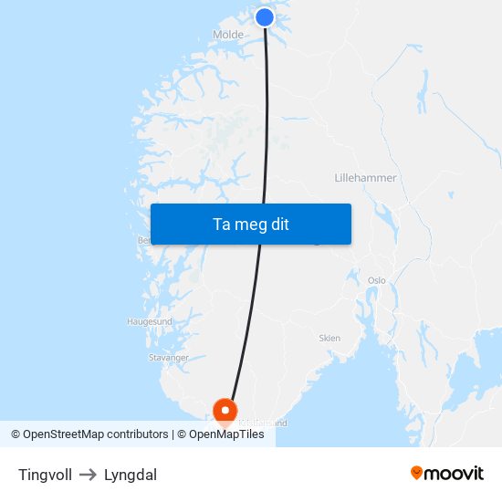 Tingvoll to Lyngdal map