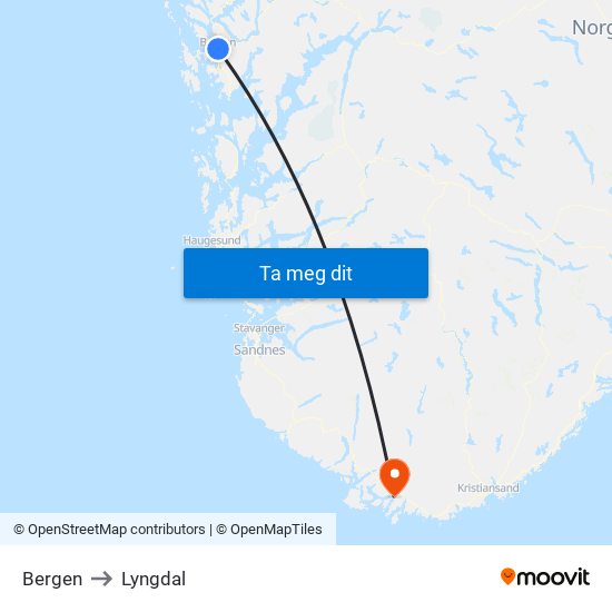 Bergen to Lyngdal map