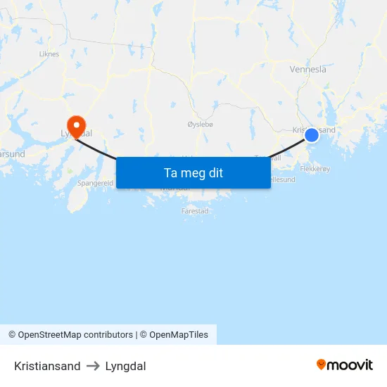 Kristiansand to Lyngdal map