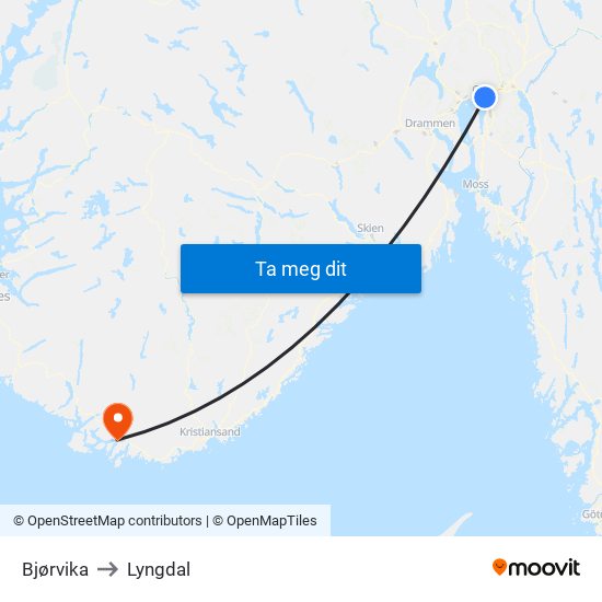 Bjørvika to Lyngdal map